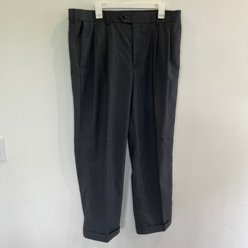 Stafford Mens Classic Fit Sharkskin Pleated Cuffed Dress Pants Gray 38x30